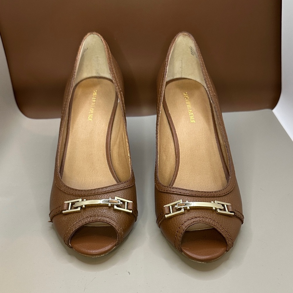 Saks Fifth Avenue Brown Peep-Toe Wedges - Picture 2 of 8